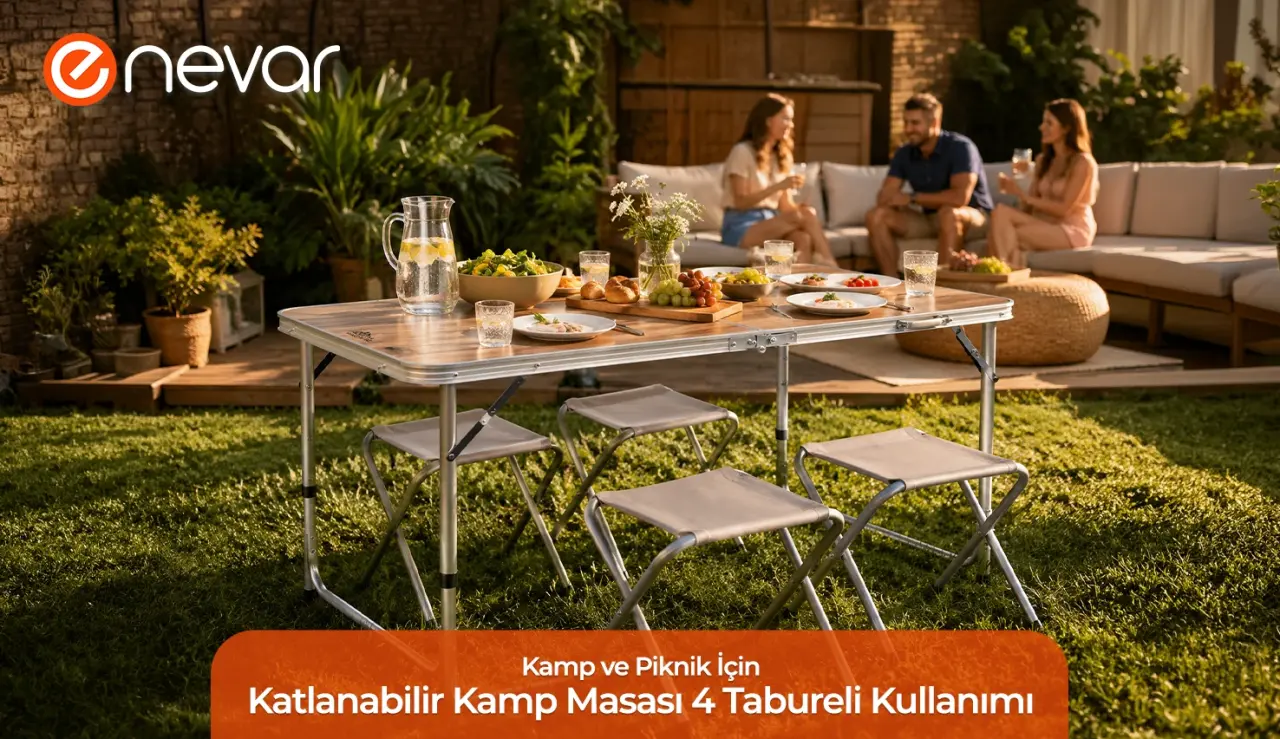 Kamp ve Piknik İçin Katlanabilir Kamp Masası 4 Tabureli Kullanımı