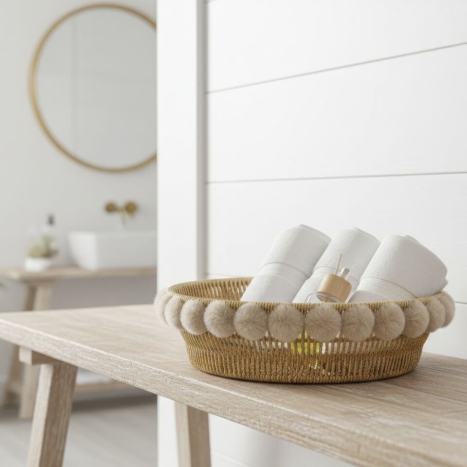Ponpon Detaylı Çok Amaçlı Sepet – Yuvarlak (Ø28 cm)