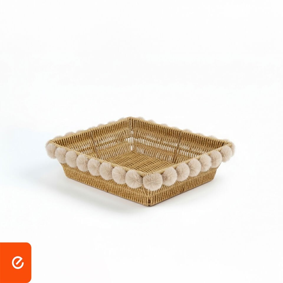 Ponpon Detaylı Çok Amaçlı Sepet – Dikdörtgen (30 cm x 23,5 cm)