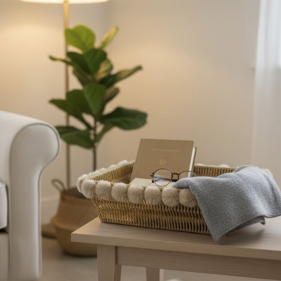 Ponpon Detaylı Çok Amaçlı Sepet – Dikdörtgen (30 cm x 23,5 cm)