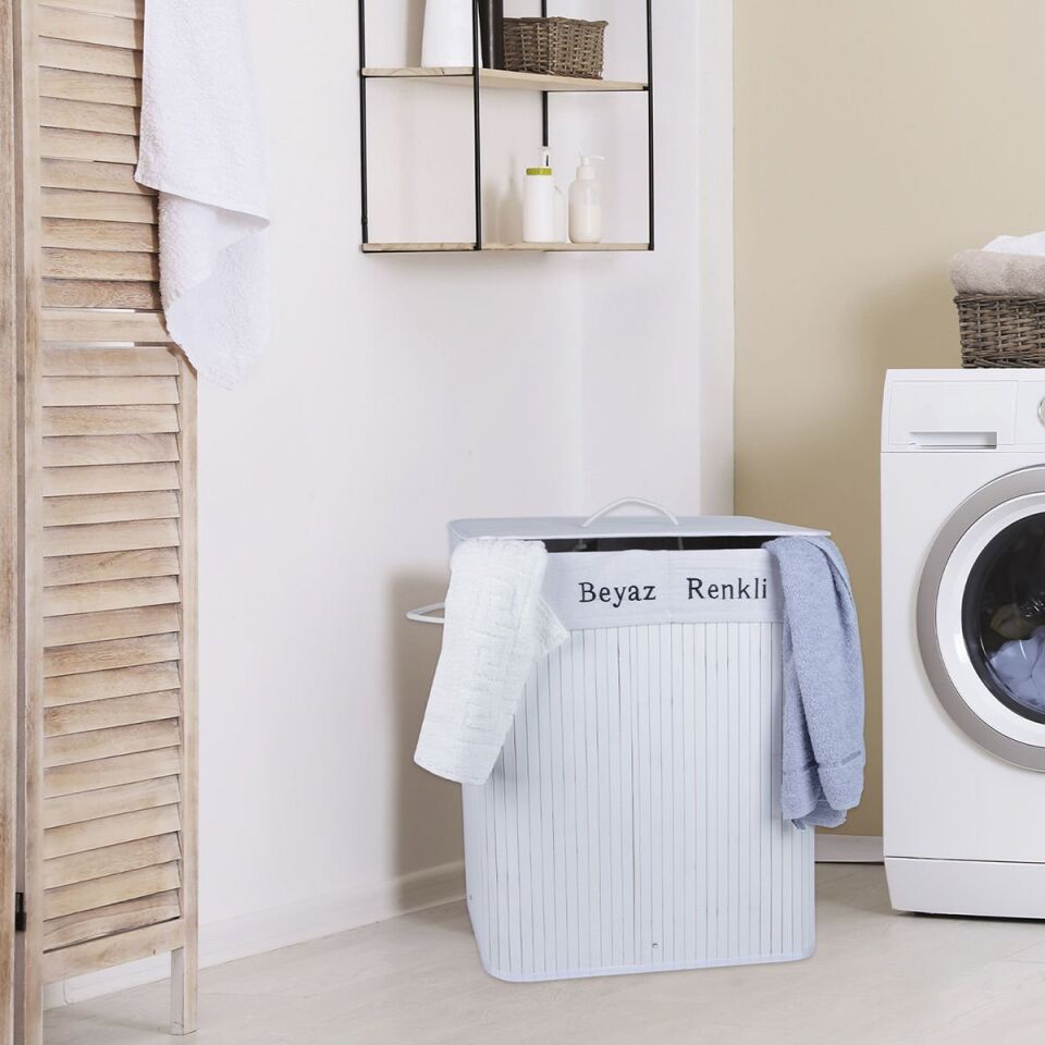 Çift Hazneli Bambu Çamaşır Sepeti - Beyaz