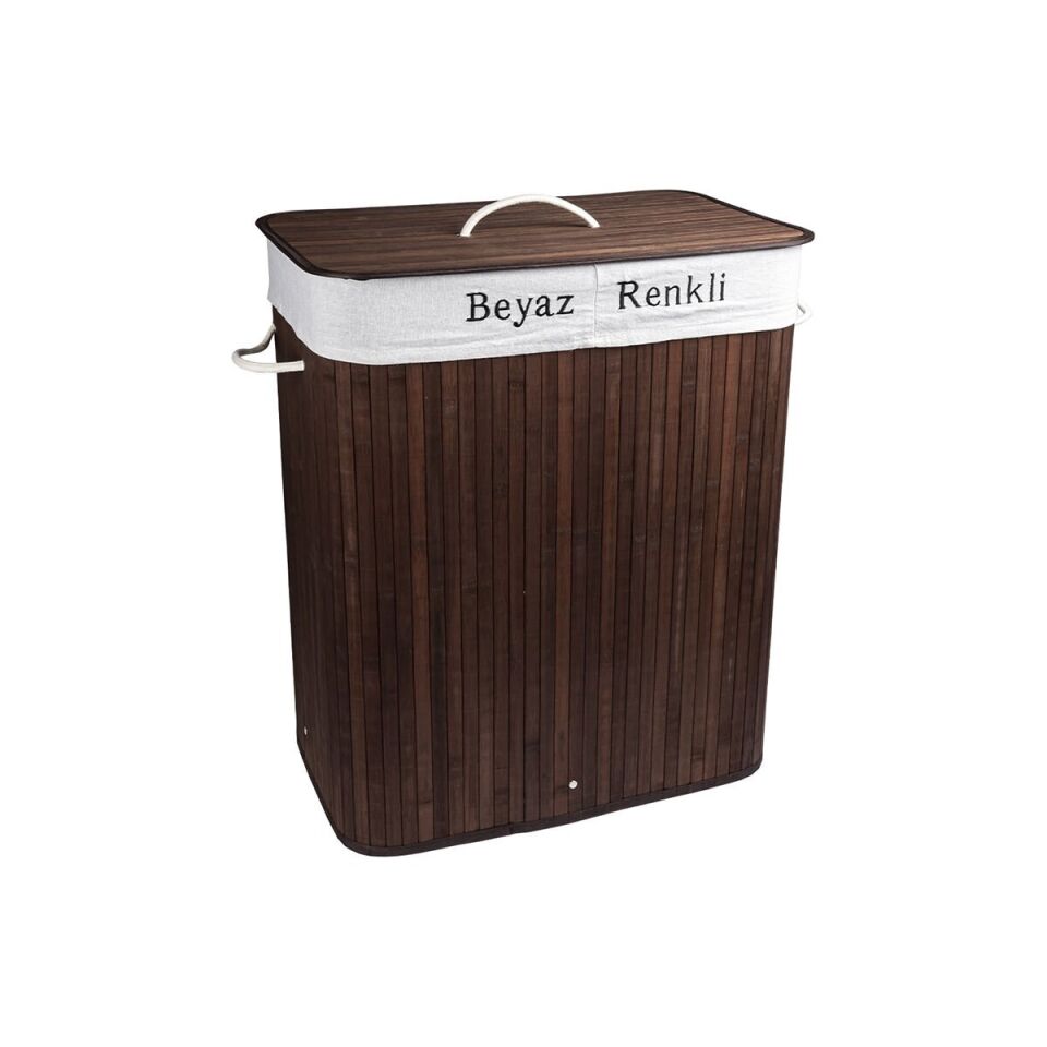 Çift Hazneli Bambu Çamaşır Sepeti - Ceviz