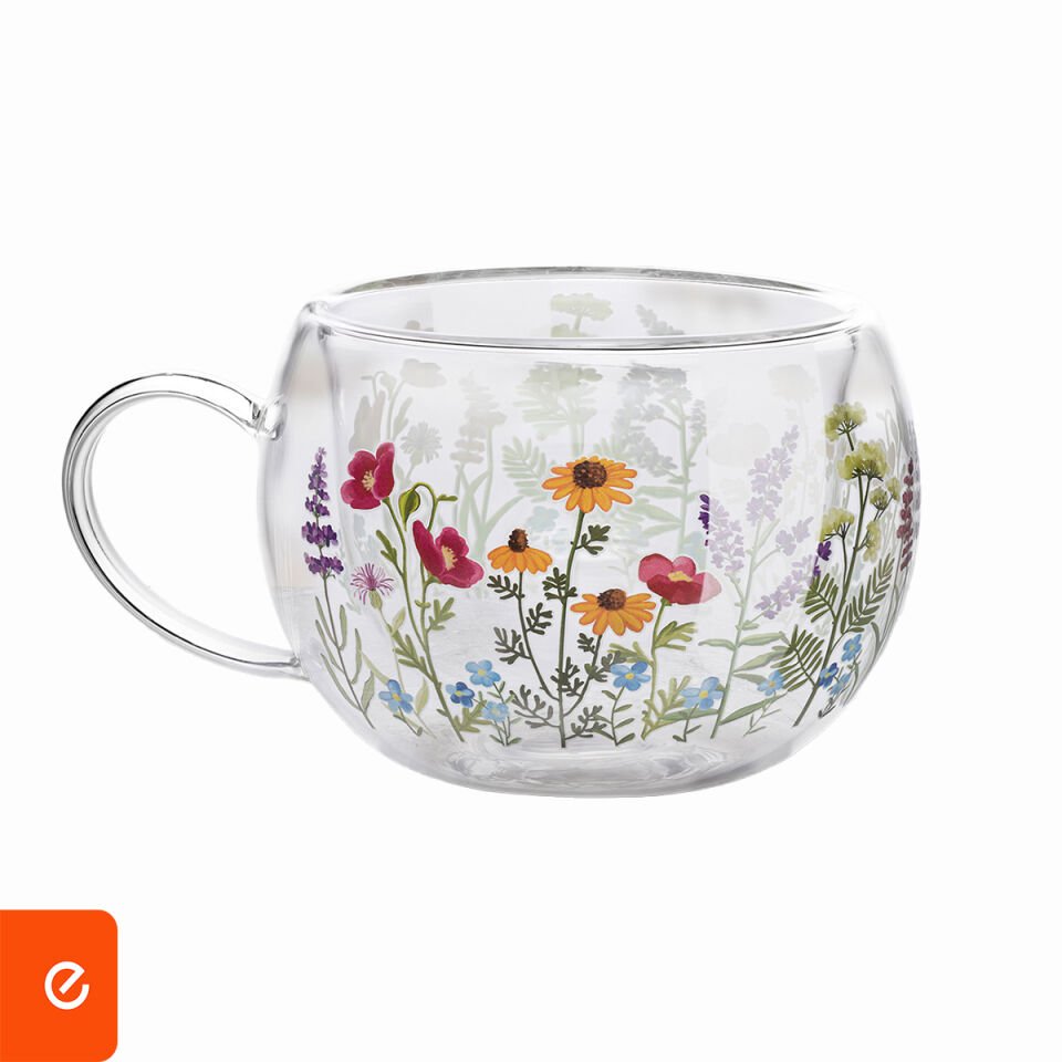 Çiçek Desenli Borosilikat Kupa