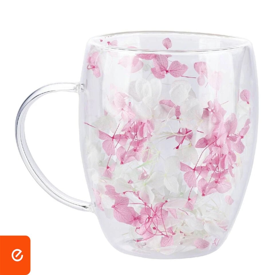 Çiçekli Çift Cidarlı Borosilikat Kupa