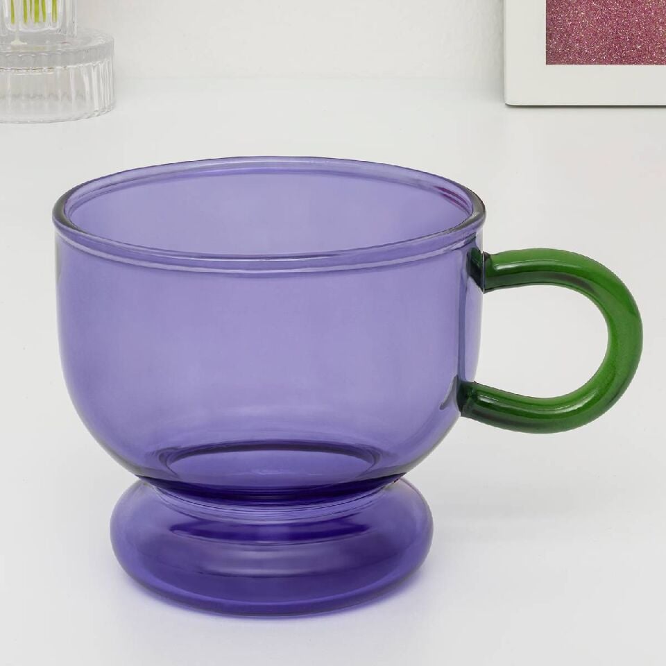 Renkli Kulplu Cam Kupa Mor
