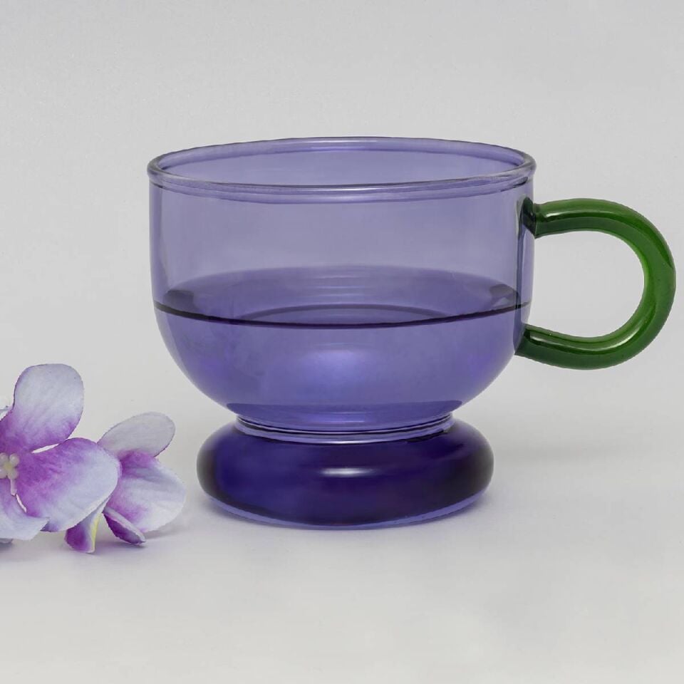 Renkli Kulplu Cam Kupa Mor