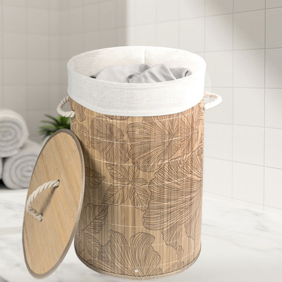 Renksiz Desenli Bambu Çamaşır Sepeti