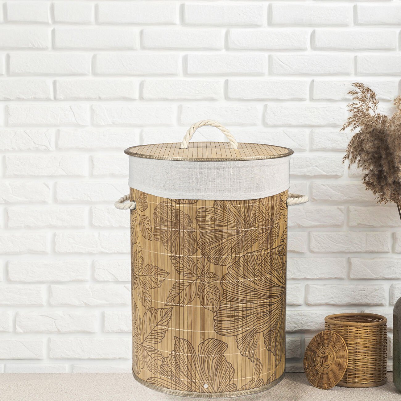 Renksiz Desenli Bambu Çamaşır Sepeti