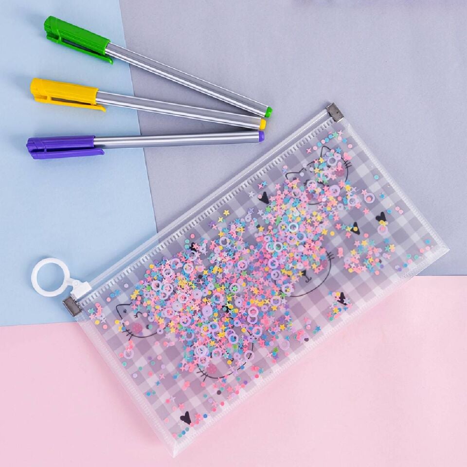 Kedi Desenli Simli Şeffaf Kalemlik