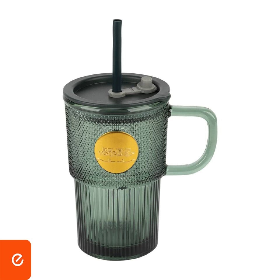 Renkli Pipetli Kapaklı Cam Kupa