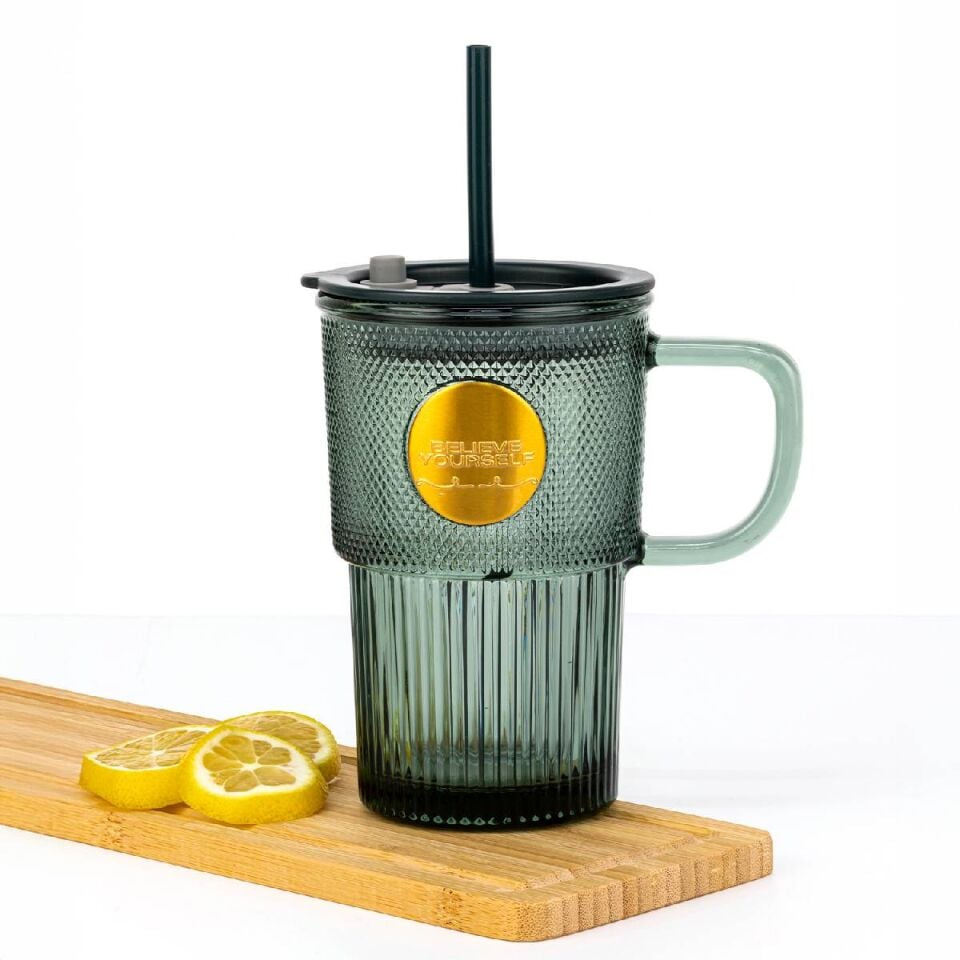 Renkli Pipetli Kapaklı Cam Kupa