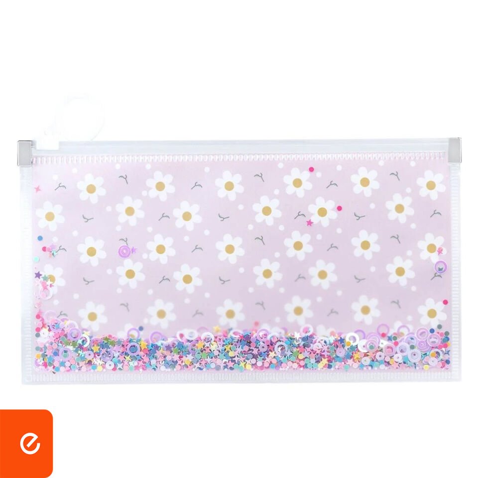 Papatya Desenli Simli Şeffaf Kalem Çantası