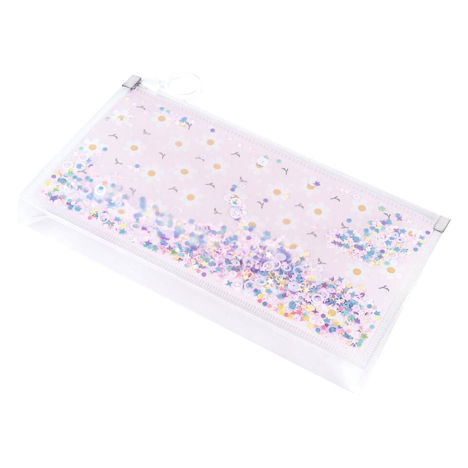 Papatya Desenli Simli Şeffaf Kalem Çantası