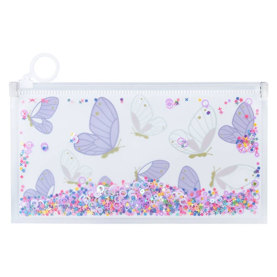 Kelebek Desenli Simli Şeffaf Kalem Çantası