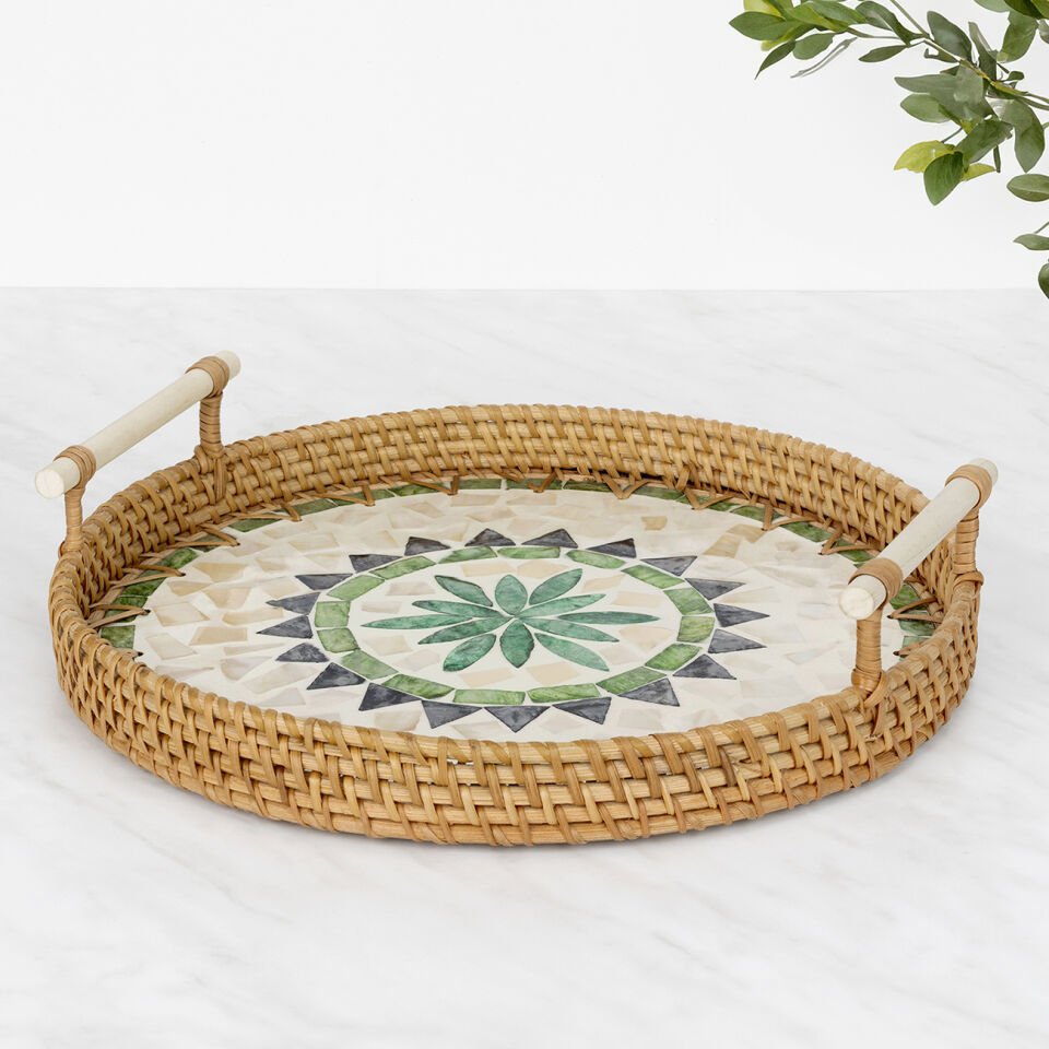 Sedef İşlemeli Rattan Tepsi