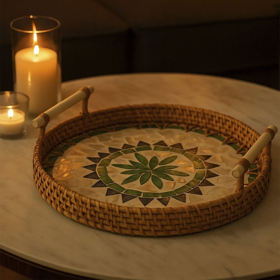 Sedef İşlemeli Rattan Tepsi